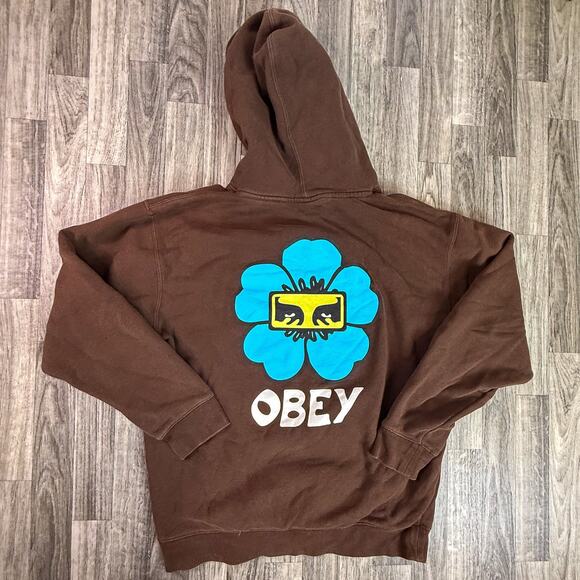 Obey Brown Flower Graphic Logo Pullover Hoodie Streetwear - Picture 1 of 6